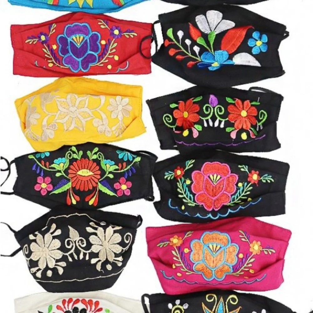 Embroidered Floral Cotton Face Mask - Multicolor